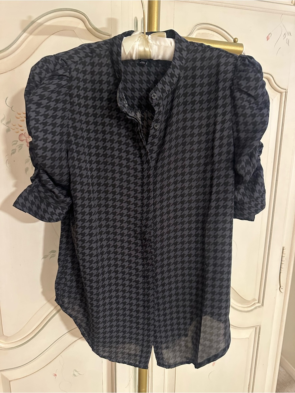 Laundry By Shelli Segal Black Houndstooth Puff-Sleeve Blouse